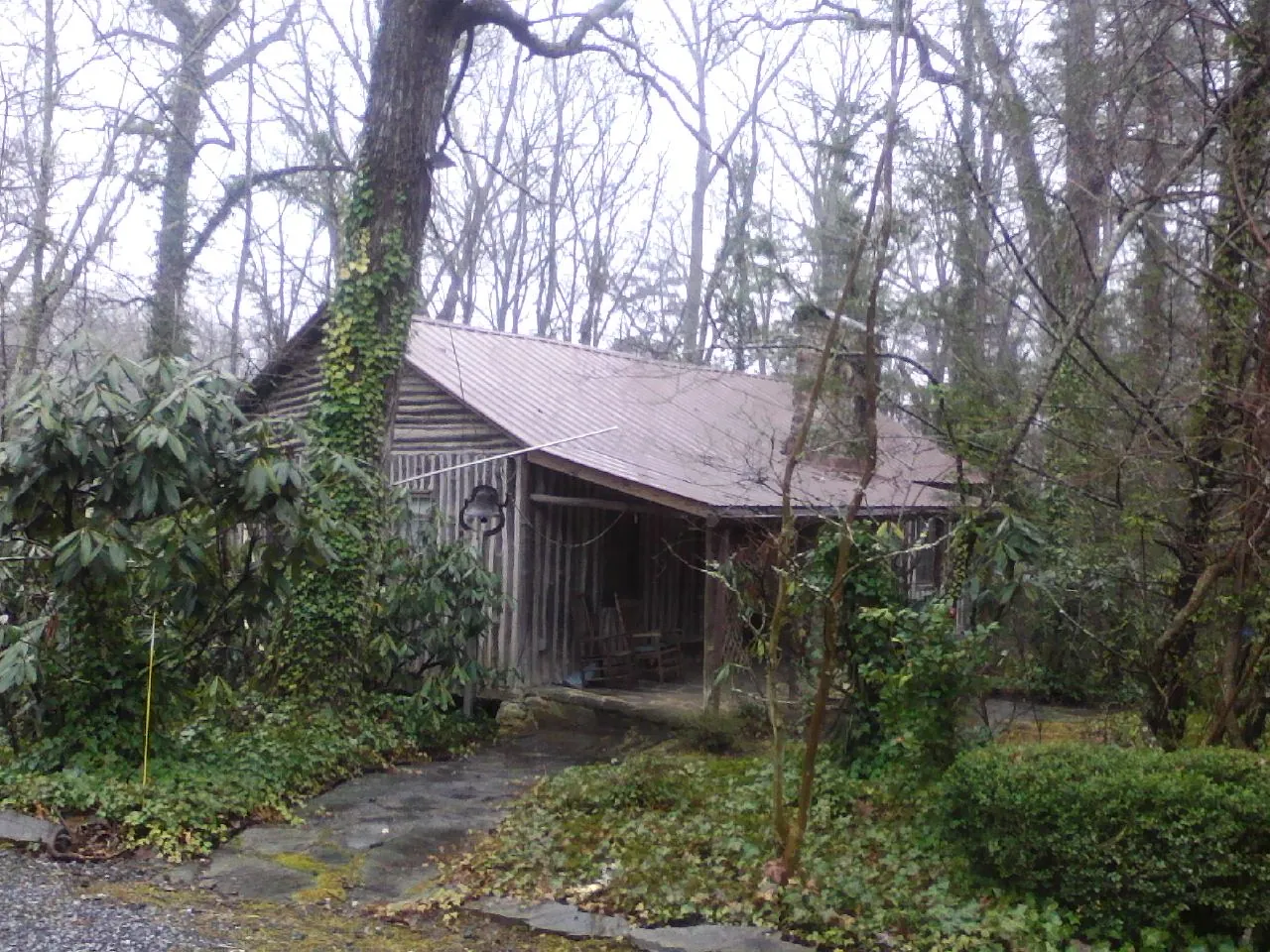 Weathered metal roof on an old board sided cabin in the woods in Cedar Crest